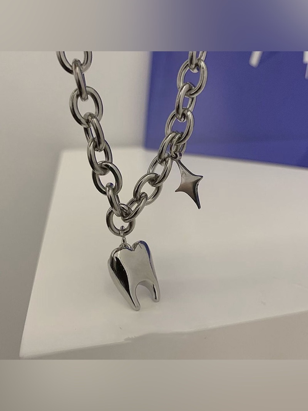 Korean Punk Style Metal Teeth Pendant Silver Necklace